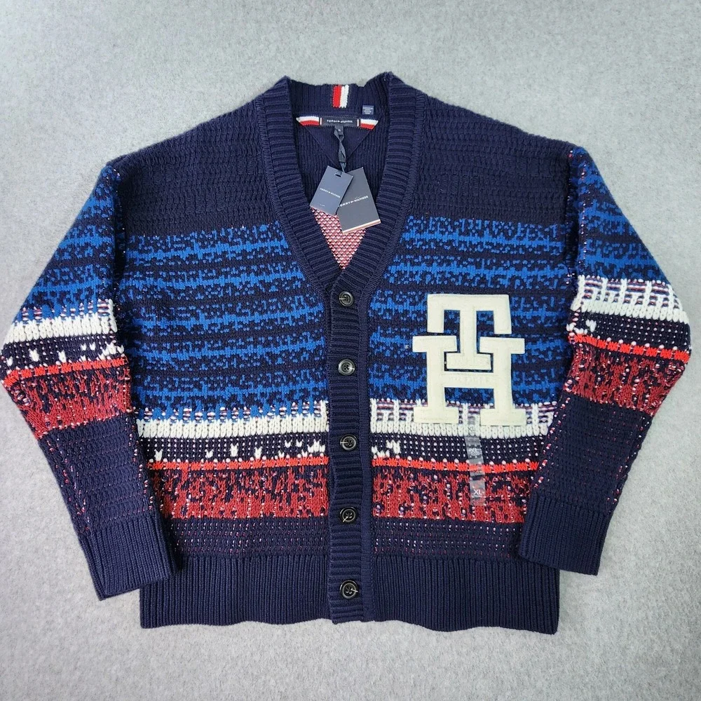 Tommy Hilfiger Ombre Textured Cardigan Varsity Sweater Mens XL Multicolor Heavy